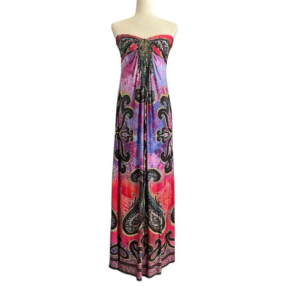 Boston Proper Boho Goddess Strapless Maxi Dress Size M Hippie Medallion Beading - Picture 14 of 14